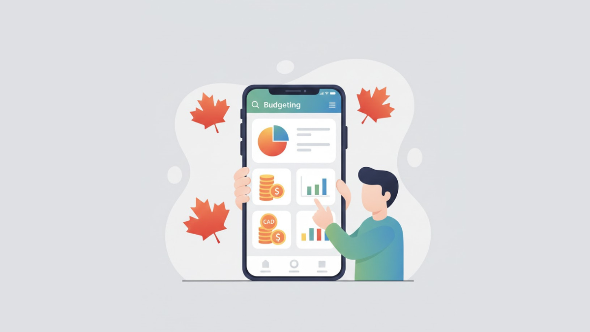 Person using budgeting app on smartphone with Canadian maple leaves